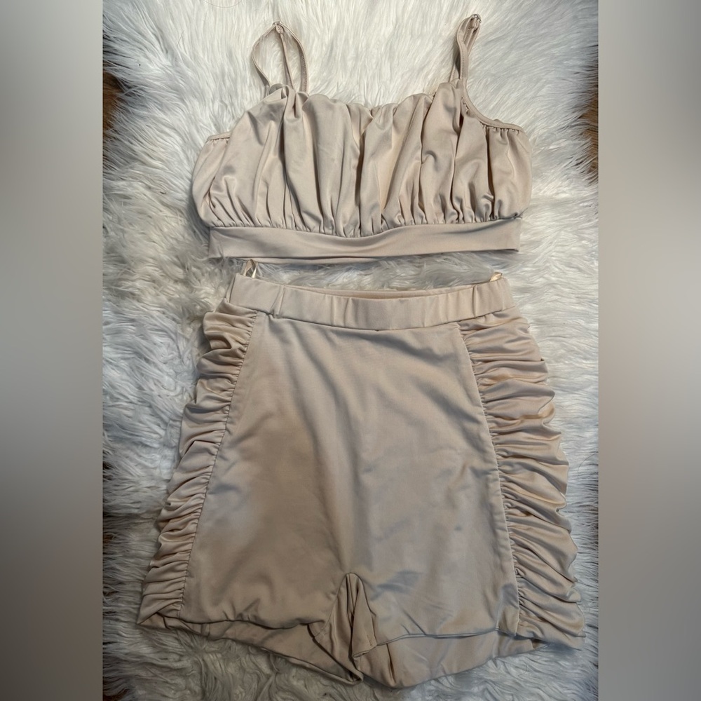 Elegant Cream Ruched Short Set